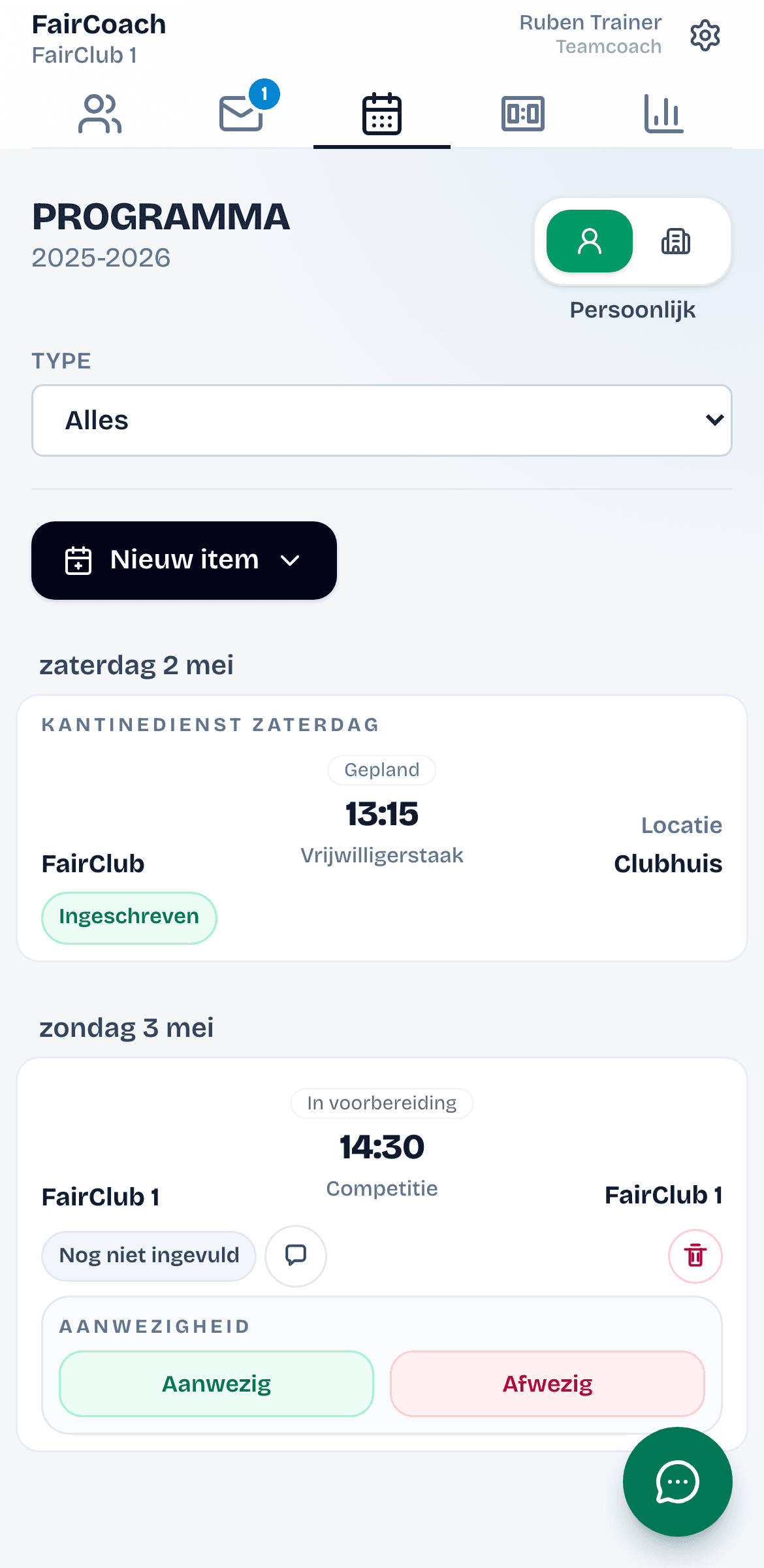 Mobiele FairCoach planning met vrijwilligerstaak, toekomstige wedstrijd en beschikbaarheidsknoppen.