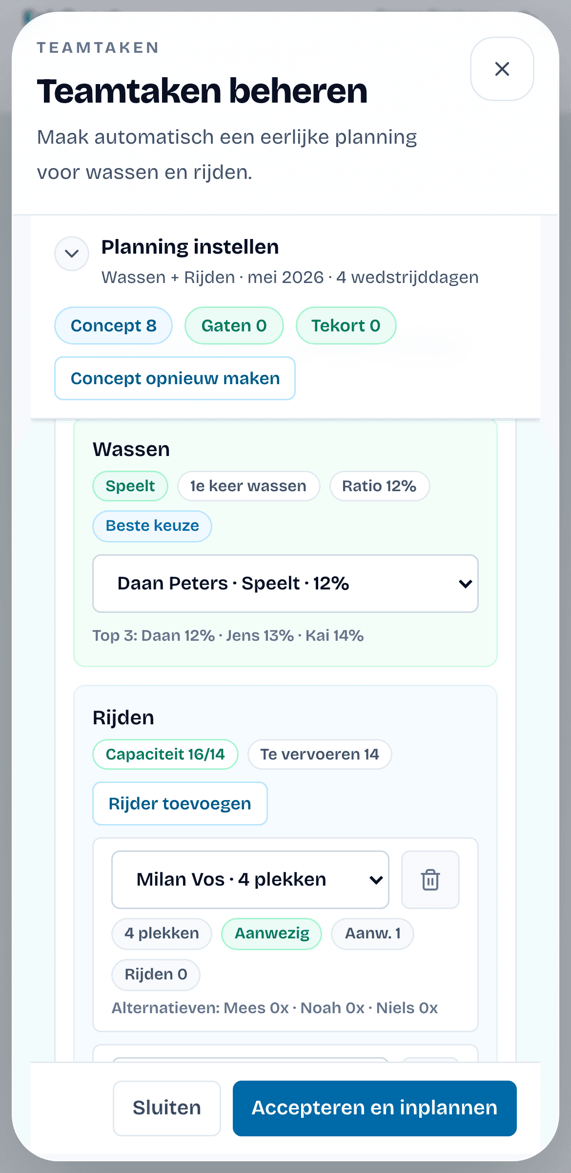 Mobiele FairCoach teamtakenplanning met overzicht voor poetsen, wassen en rijden.