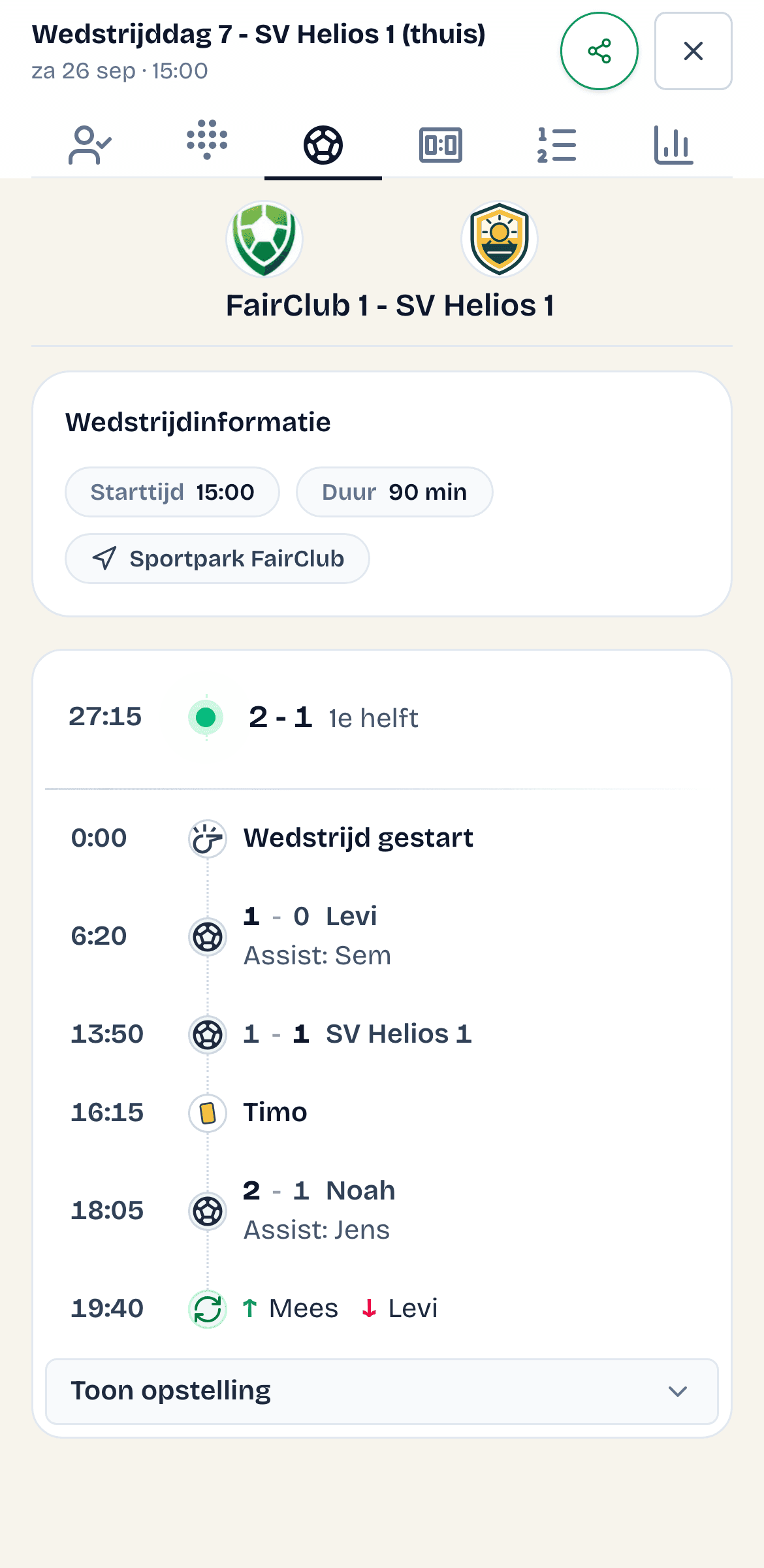Tijdlijn van FairClub 1 tegen SV Helios 1 met score 2-1, doelpunten, kaart en wissel.