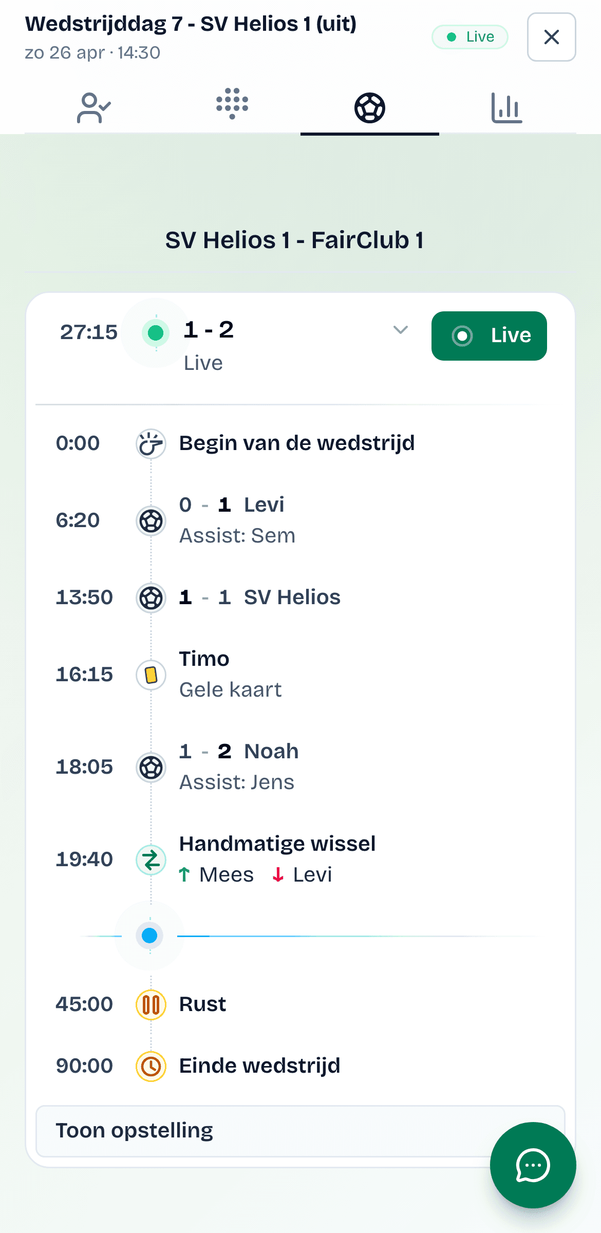 Mobiele wedstrijddag met live tijdlijn, score 1-2, wedstrijdmomenten, wissel en rustmoment.